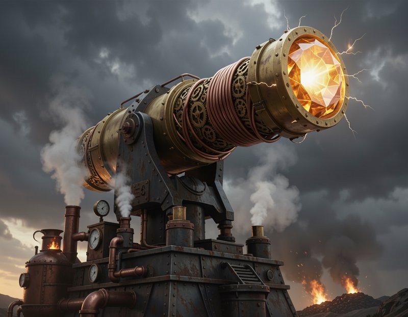 Steampunk energy cannon with glowing crystal lens emits sparks beneath a heavy stormy sky