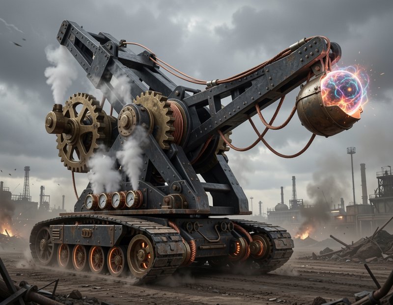 Steampunk tracked siege machine holds a glowing plasma orb above a ruined industrial battlefield