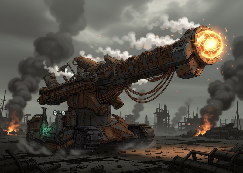Massive rusted tracked steampunk energy cannon charges on a smoldering post-apocalyptic battlefield under smoky overcast