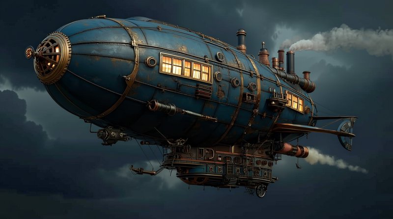 Intricate steampunk airship flying through dark, stormy overcast skies
