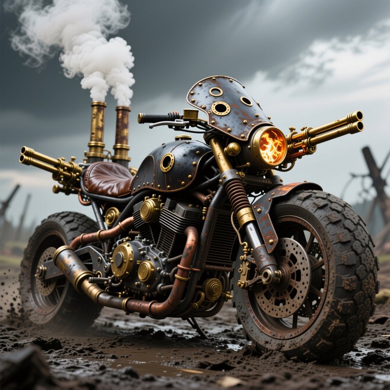 Custom steampunk steam motorcycle with smoking chimneys parked on muddy ground under stormy overcast skies