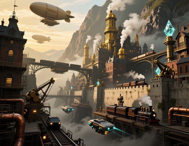 Steampunk mountain valley city with airships, steam trains, and flying hover cars at golden sunset