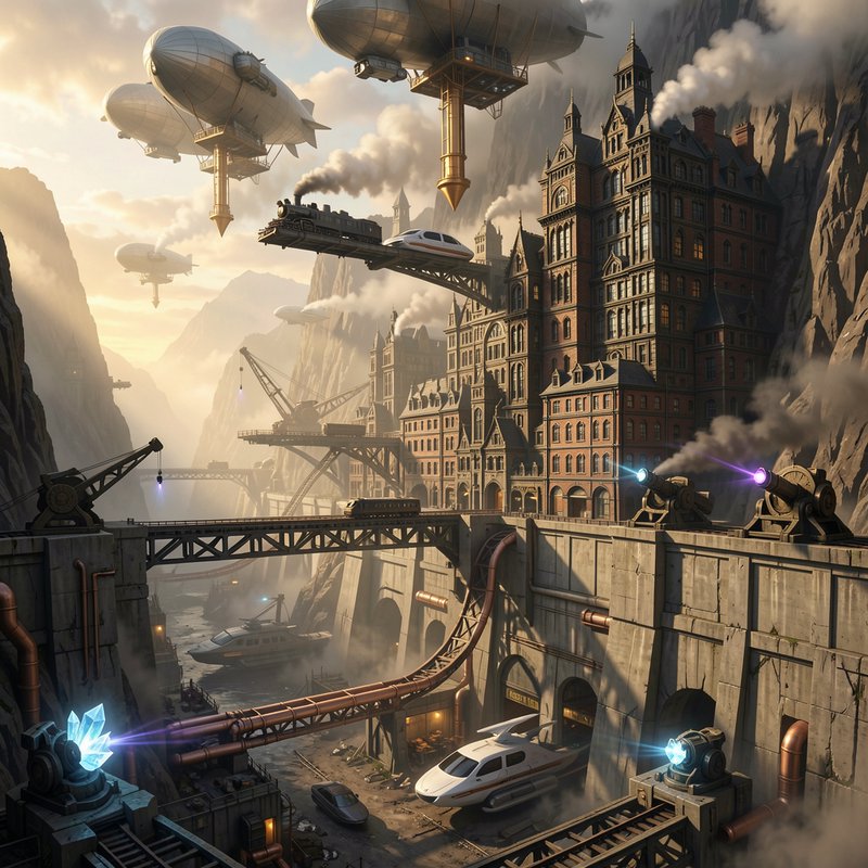 Steampunk cliffside canyon city with floating airships, elevated railways, and glowing crystal technology at golden hour