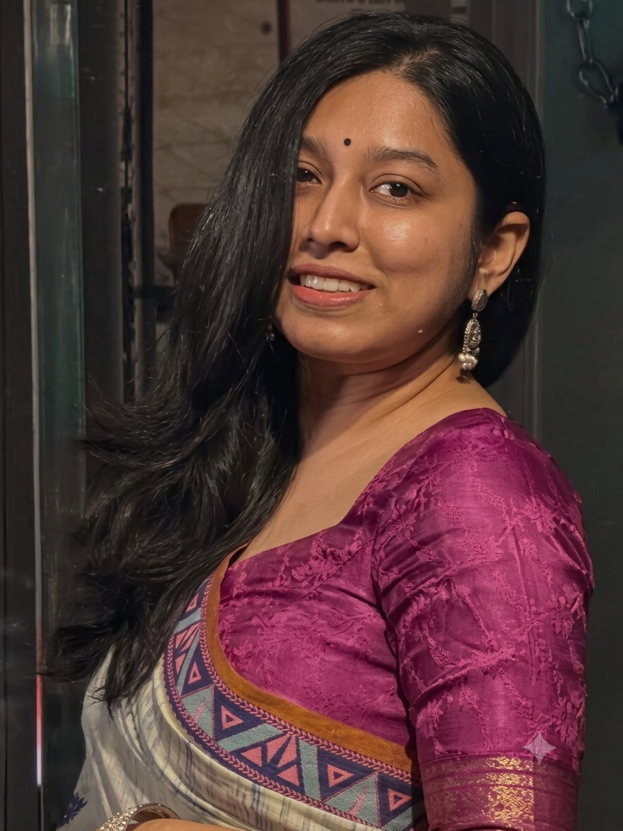 Portrait of a smiling Indian woman in a purple blouse and saree with long black hair and a bindi.