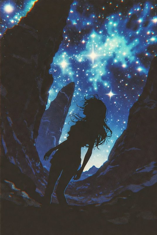 Silhouette of a girl in a rocky canyon under a vivid blue starry night sky.
