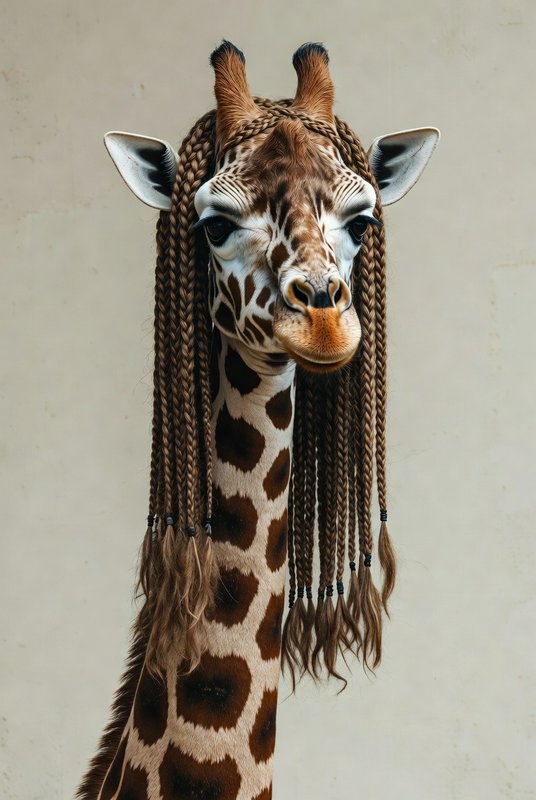 Close-up of a giraffe with a long braided mane against a neutral background.