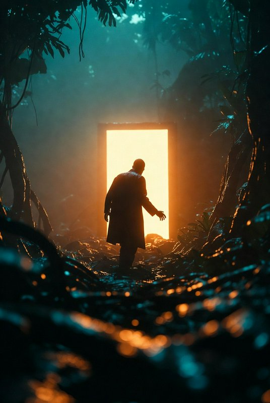 Silhouette of a person in a coat approaching a glowing rectangular portal in a misty jungle.