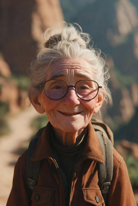 Elderly woman with round glasses smiling on a hiking trail.