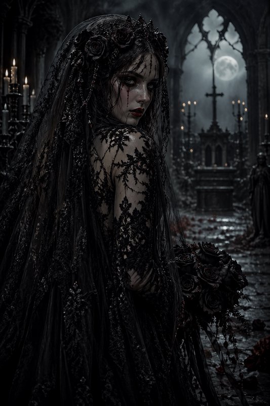 Gothic bride in black lace veil with rose bouquet in a moonlit cemetery setting.
