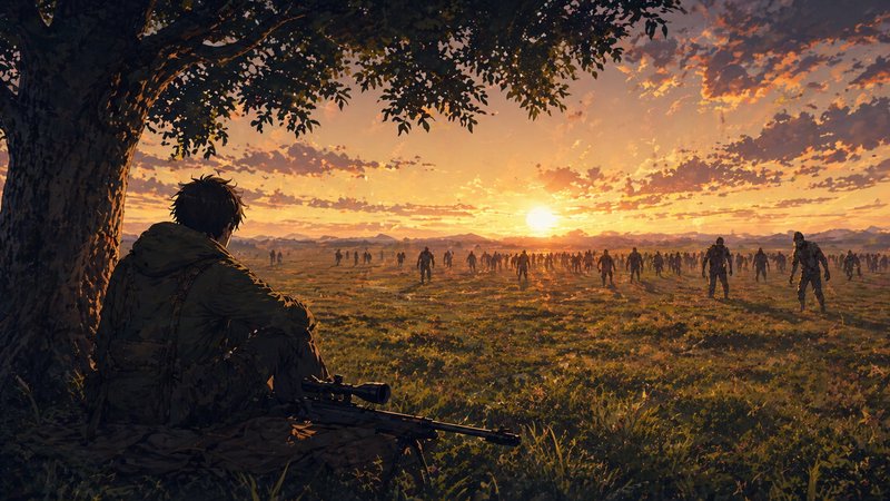 silhouette of a sniper hiding under a tree at sunset, watching a field of approaching zombies.