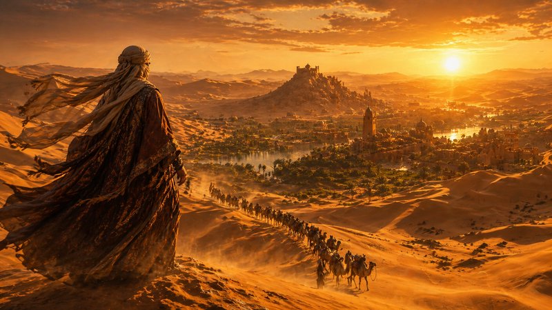 Silhouette of a cloaked traveler watching a caravan cross golden desert dunes at sunset.
