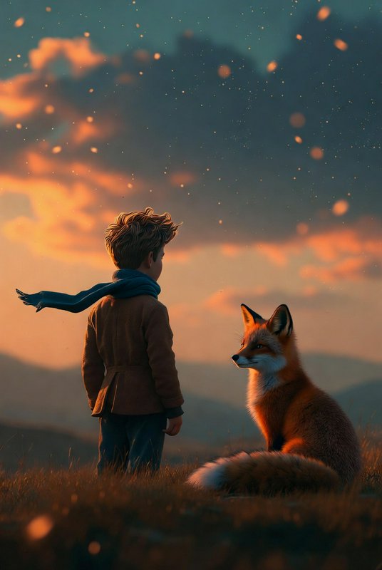 Young child in a coat and scarf facing a fox in a sunset-lit field with warm bokeh glow.