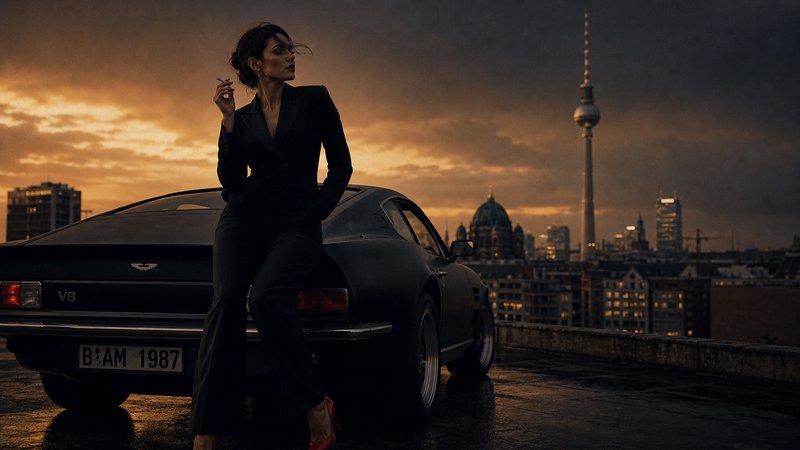 Woman in a black suit leaning on a vintage car on a rooftop at sunset with Berlin skyline behind.