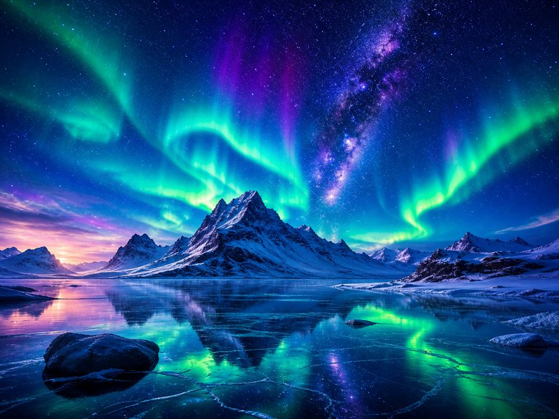 Snowy mountain range under colorful aurora borealis reflecting on icy lake