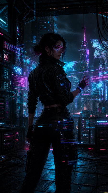 Woman in a dark tech outfit stands in a neon-lit cyberpunk cityscape with holographic displays.