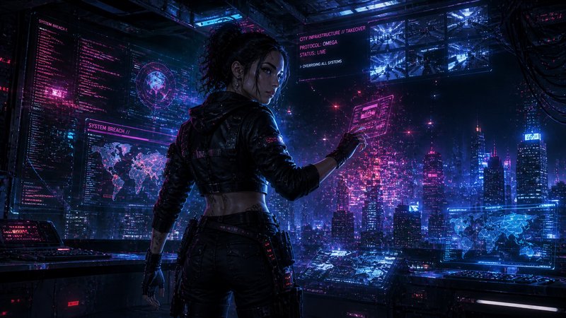 Female hacker in a futuristic control room with neon screens and a night city skyline.