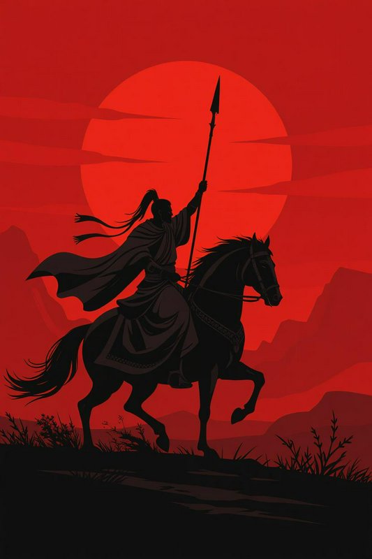 Silhouette of a warrior on horseback holding a spear against a red sunset