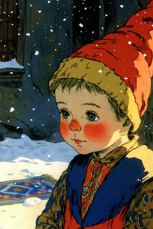 Young child with rosy cheeks in a red hat and blue vest in a snowy outdoor scene
