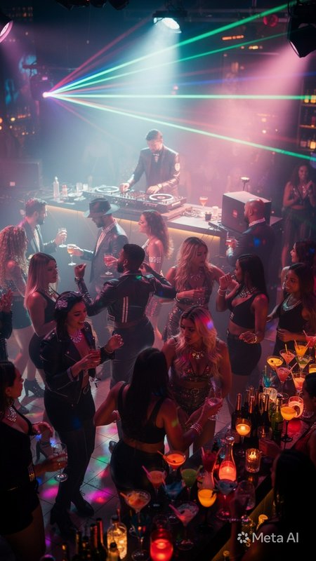Nightclub scene with a DJ at the turntables, colorful laser lights, and a crowded dance floor.