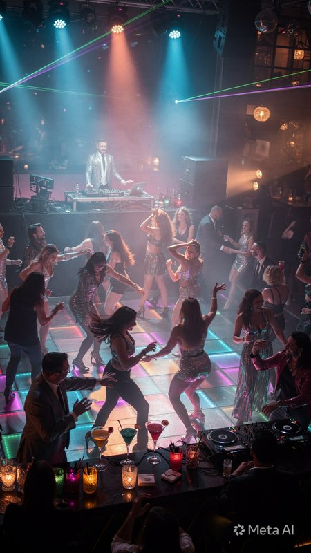 Nightclub scene with a DJ on an elevated booth, colorful disco lights, and a lively dance floor filled with moving