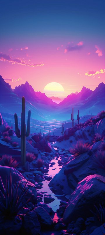 Stylized desert canyon at sunset with purple-blue mountains, cacti, and a reflective stream.