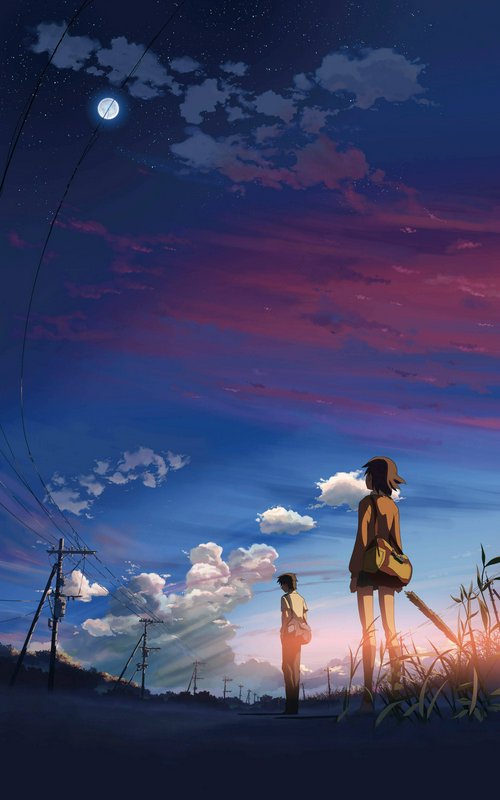 Two youths stand on a rural road at sunset under a vibrant gradient sky with clouds and power lines.