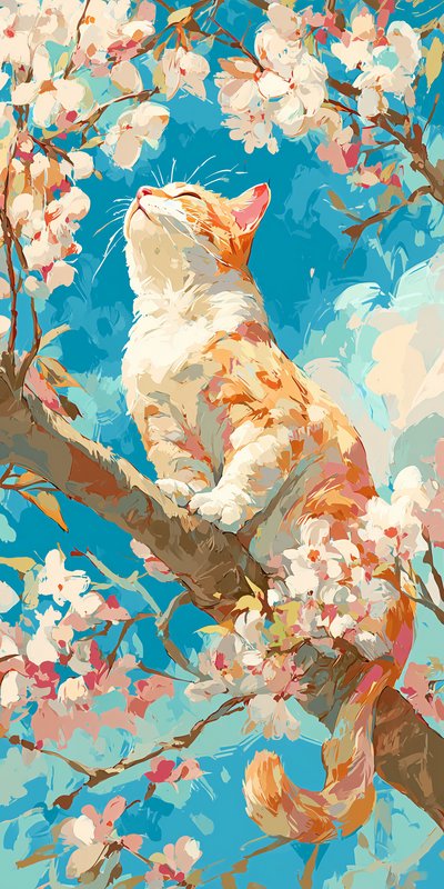 Orange cat perched on a blossoming tree branch against a bright blue sky