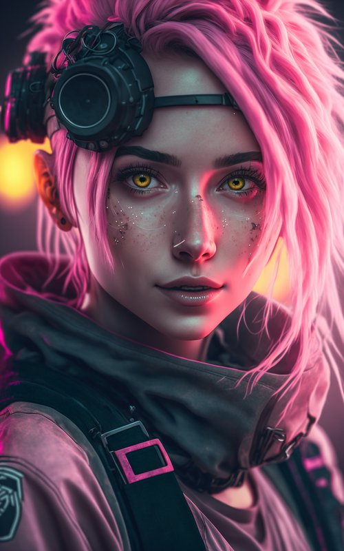 Cyberpunk portrait of a woman with pink hair, headset, and glowing yellow eyes.