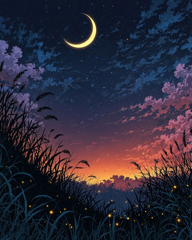 Crescent moon over a twilight field with tall grasses and glowing fireflies under a starry night sky