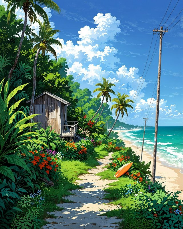 Tropical beach path with a wooden shack, lush garden, surfboard, and the ocean under a bright blue sky.