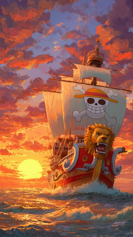 Colorful pirate ship at sunset with a skull sail and a roaring lion figurehead.