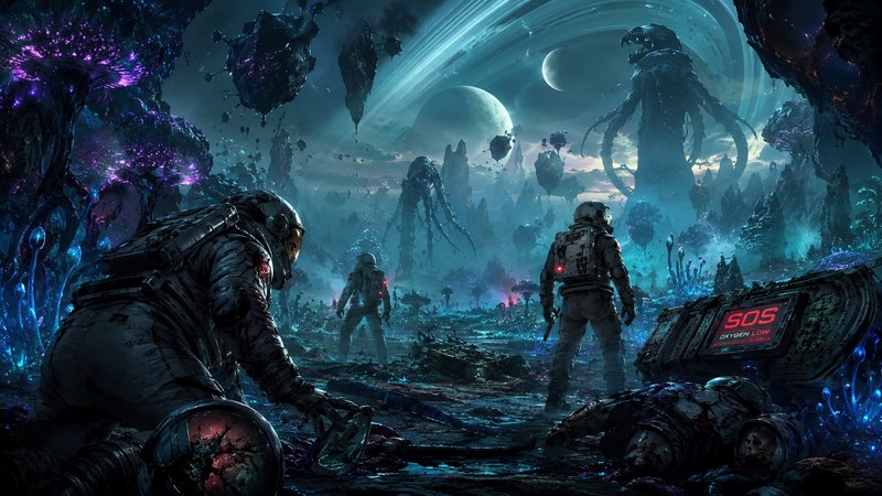 Stranded astronauts on a bioluminescent alien exoplanet face giant cosmic monsters, as a damaged ...
