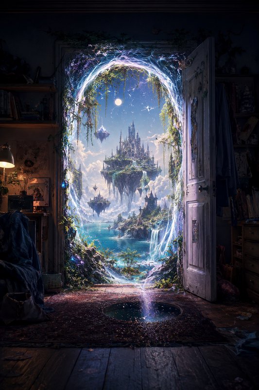 Open worn bedroom door frames a glowing magical portal leading to a fantasy realm of floating cas...