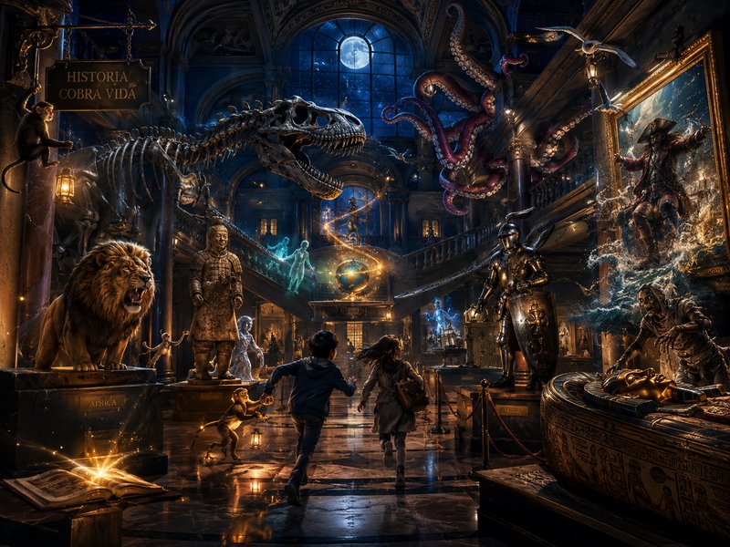 Two young explorers run through a moonlit magical museum where all mythical and historical exhibi...