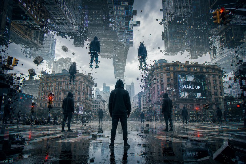 Surreal glitch art of hooded figures in a disintegrating floating city, with "WAKE UP" text on a ...