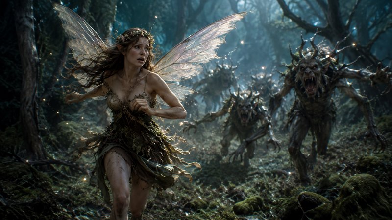Terrified winged fairy with translucent fae wings flees snarling horned monsters through a dark m...