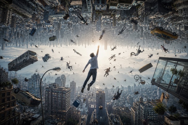 [Surreal gravity-defying upside down city scene, with floating people and objects, central man reaching toward bright sky ...