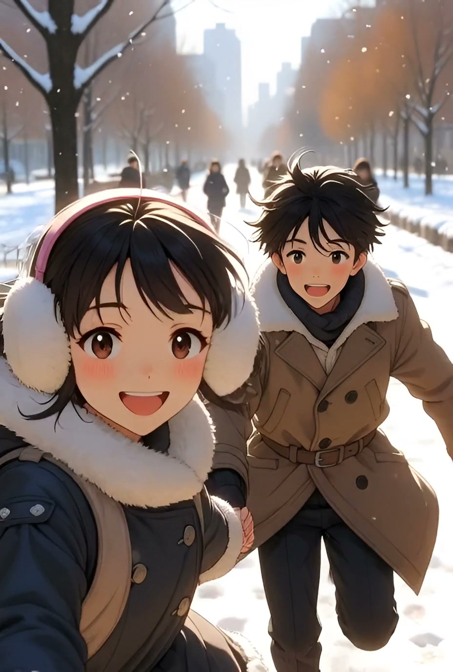 Two anime-style friends in winter coats with earmuffs run hand-in-hand down a snowy city street.