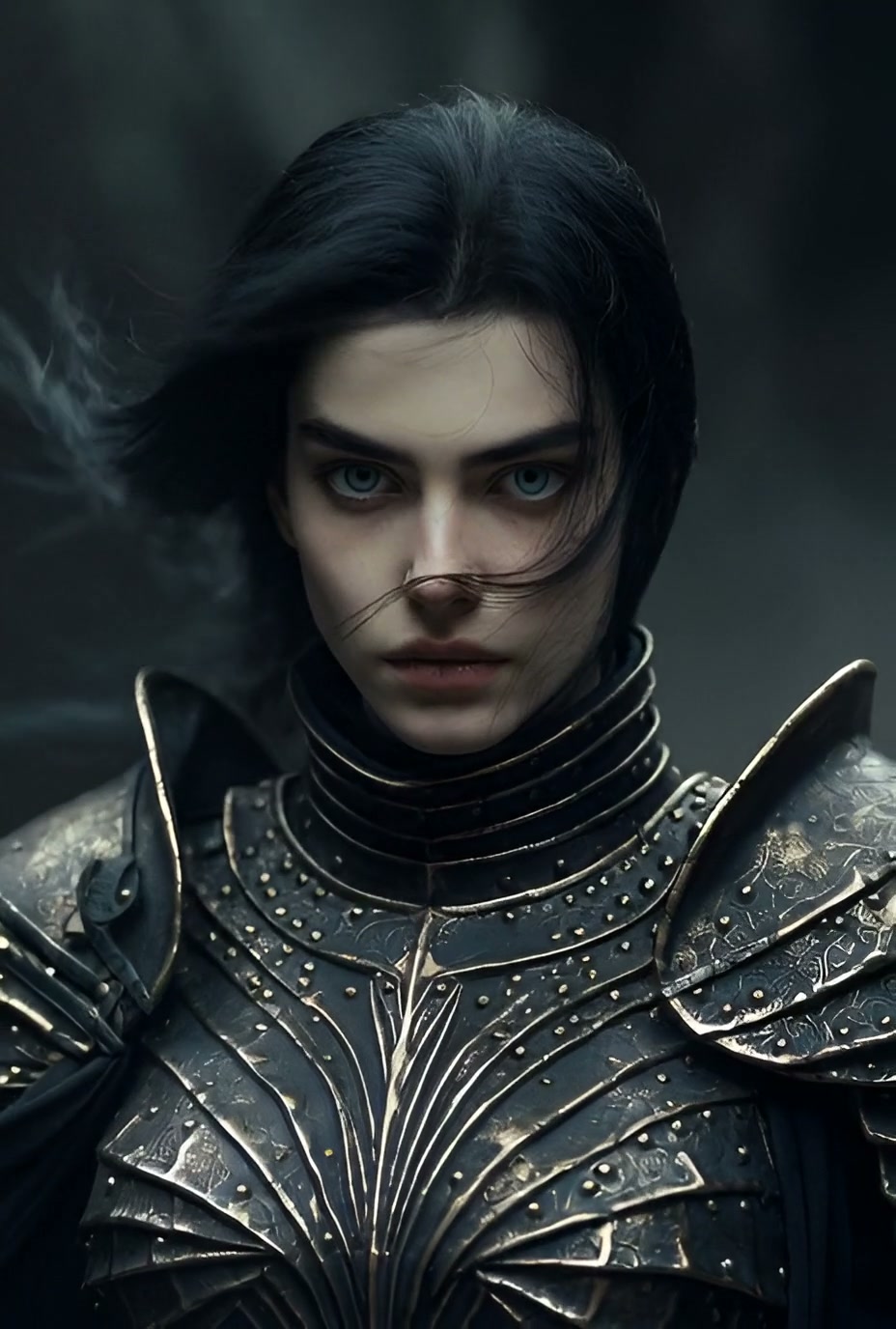 Woman in dark ornate armor with pale skin and piercing blue eyes in a moody battle-ready portrait.