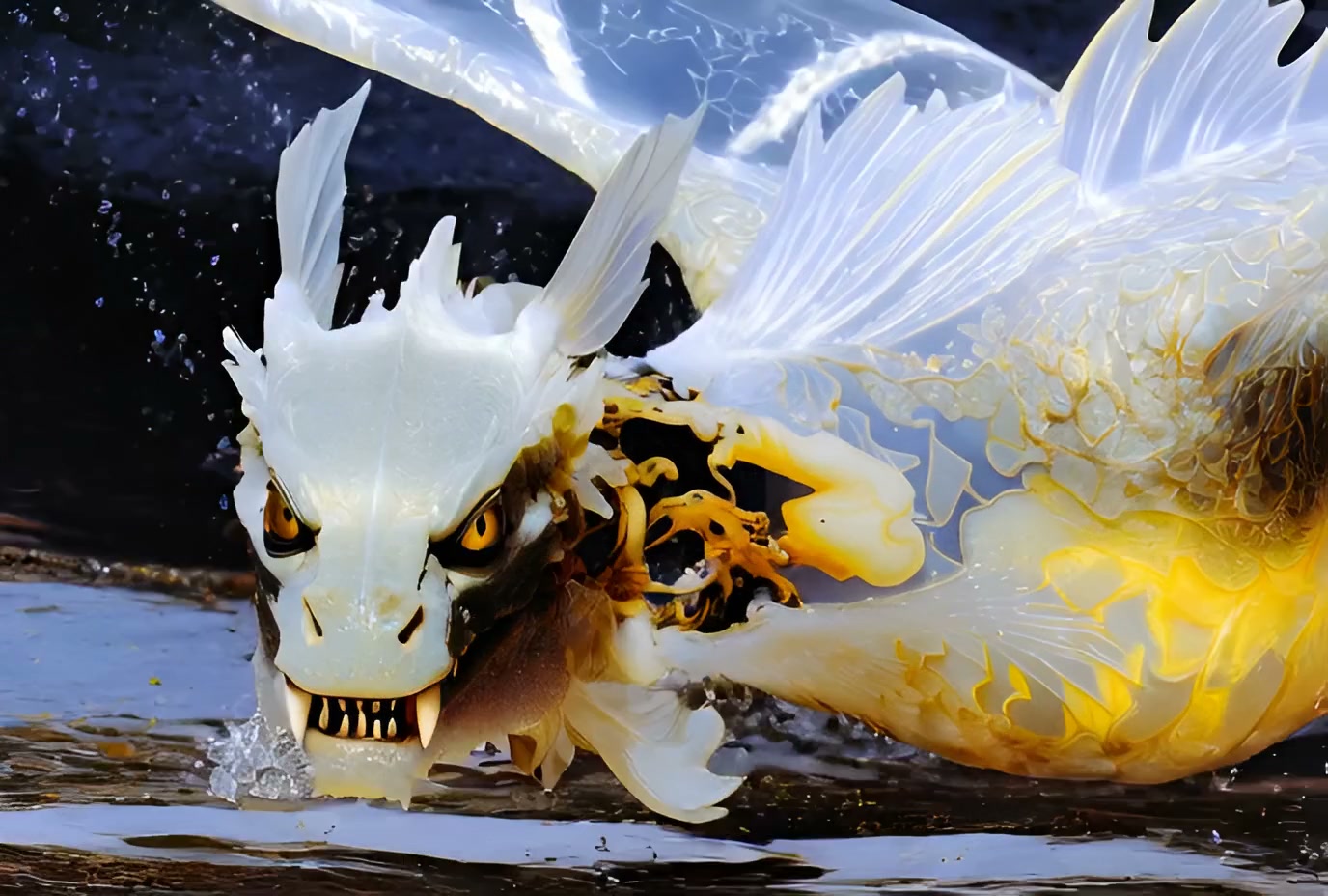 White mythical dragon with golden accents dives into water, close-up action shot.