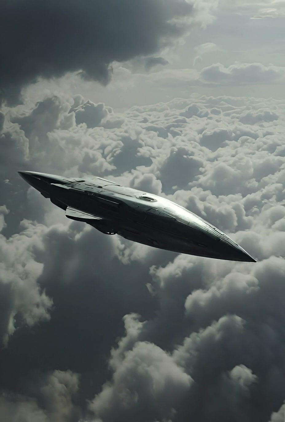 Silhouette of a stealth bomber flying above dramatic cloudy sky.