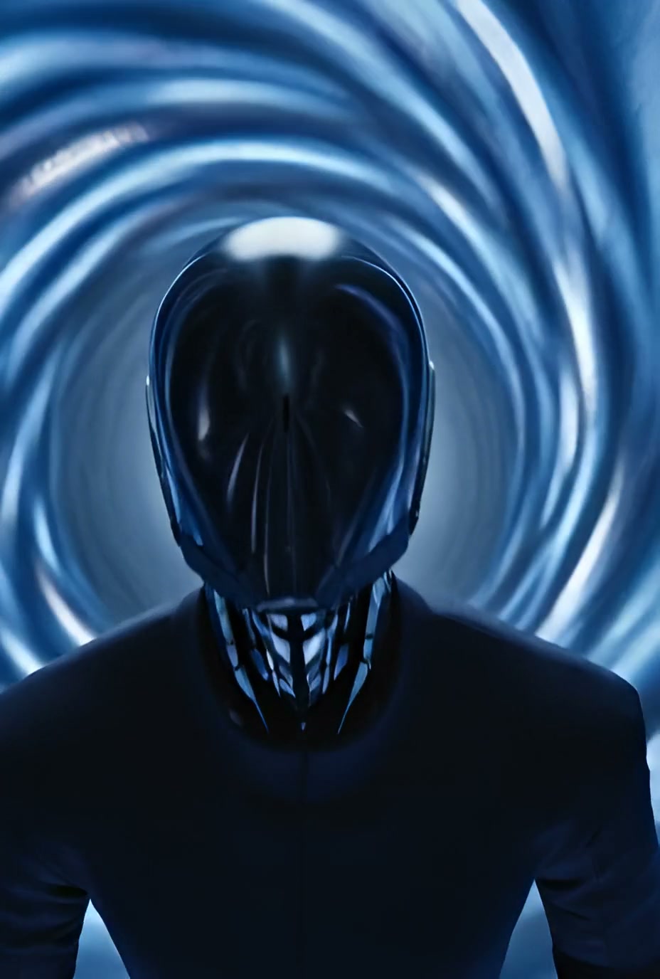 Futuristic black helmeted figure with glossy visor inside a swirling blue tunnel.