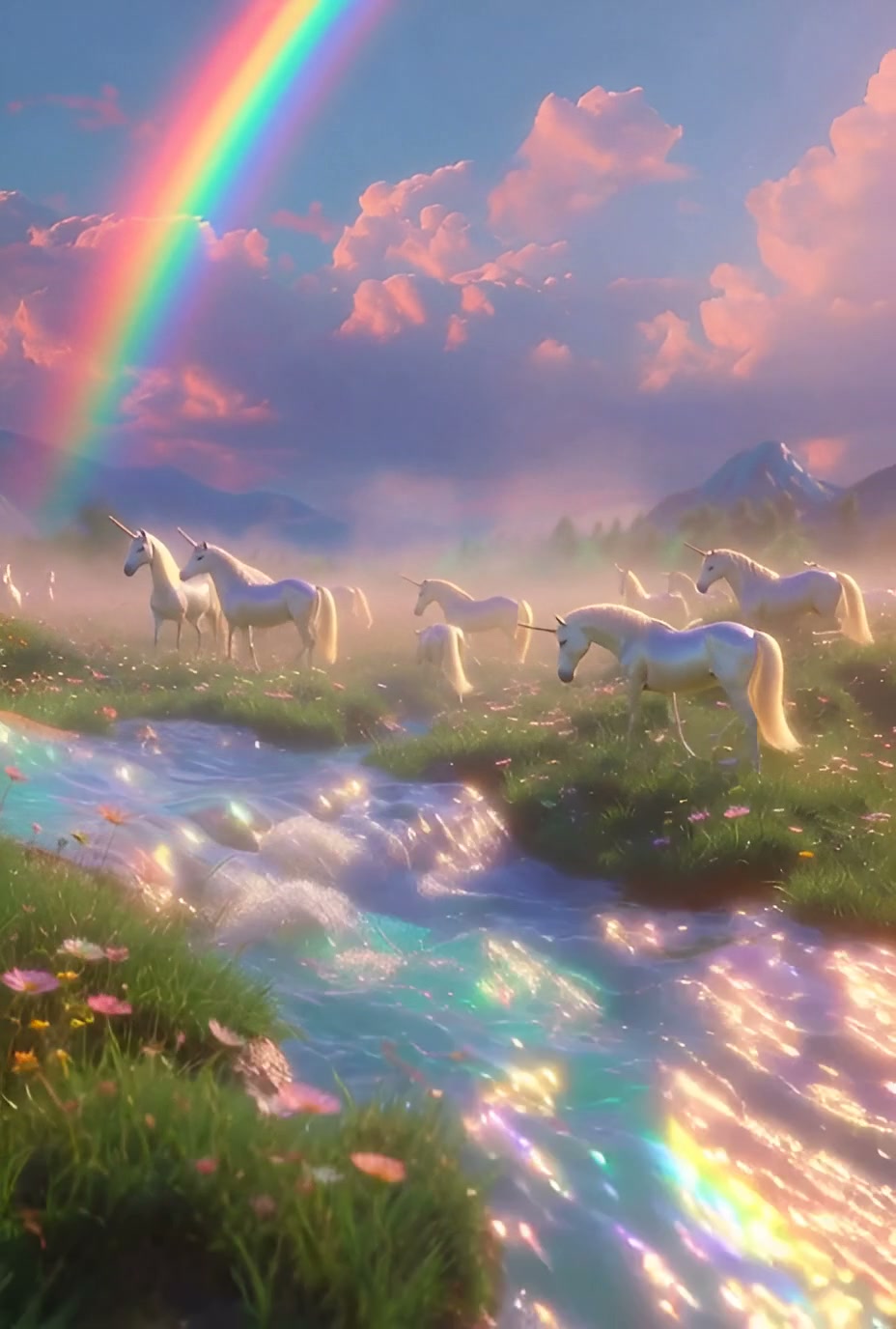 Pastel fantasy scene with white unicorns beside a shimmering river under a rainbow