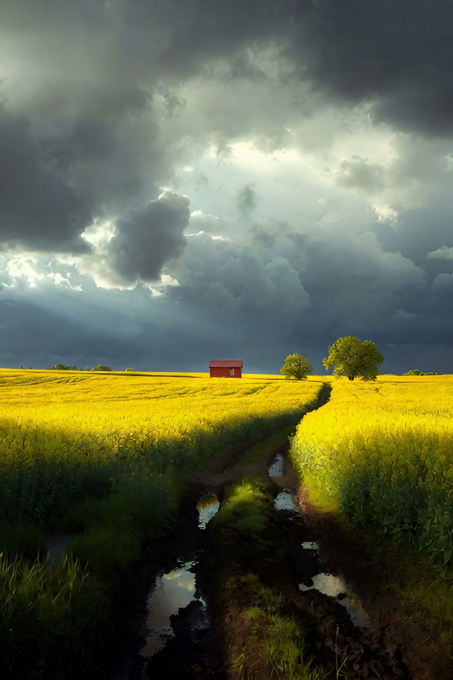 Red barn in a bright yellow canola field under dramatic dark storm clouds.