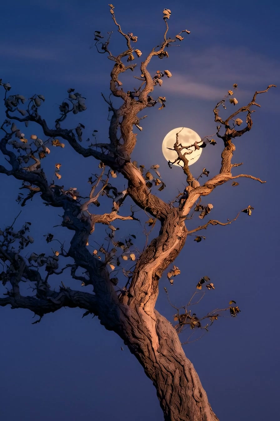 Moonlit, twisted tree silhouette with a full moon behind its branches in a deep blue night sky