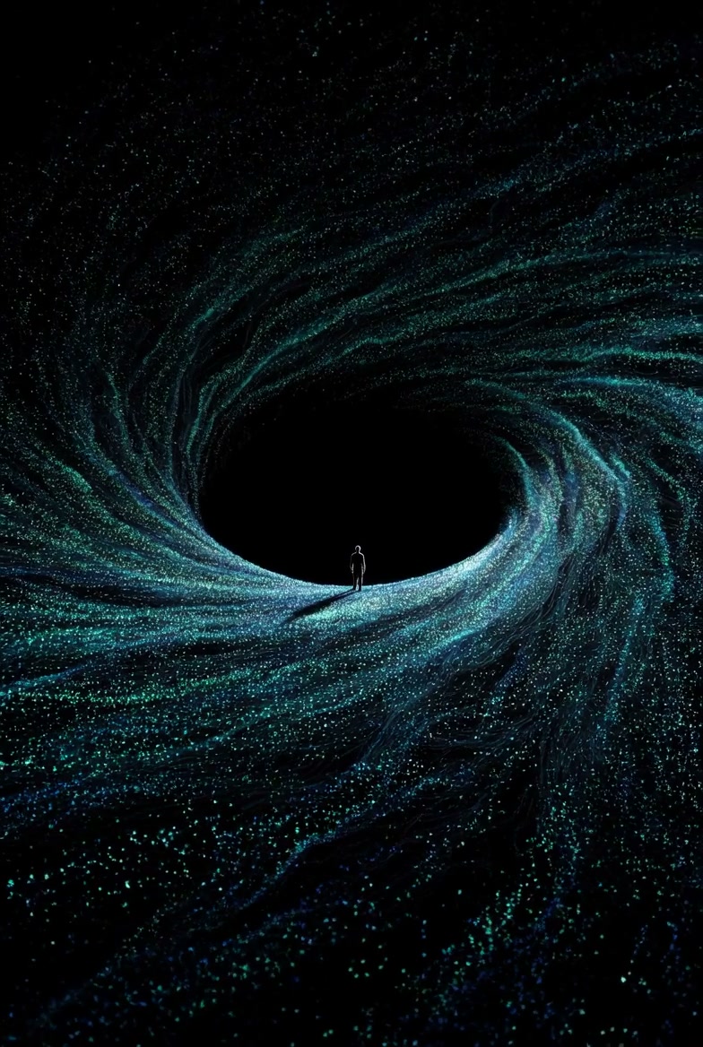 A lone figure stands at the rim of a glowing blue-green swirling cosmic vortex.