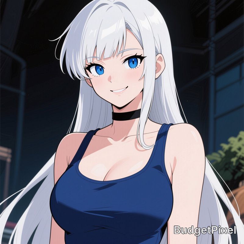 Portrait of smiling anime girl with long white hair, bright blue eyes, navy tank top, and black c...