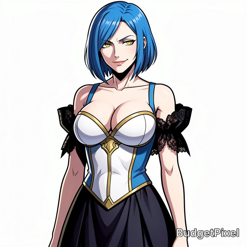 Anime portrait of a confident female character with short blue hair, yellow eyes, and a smug smir...