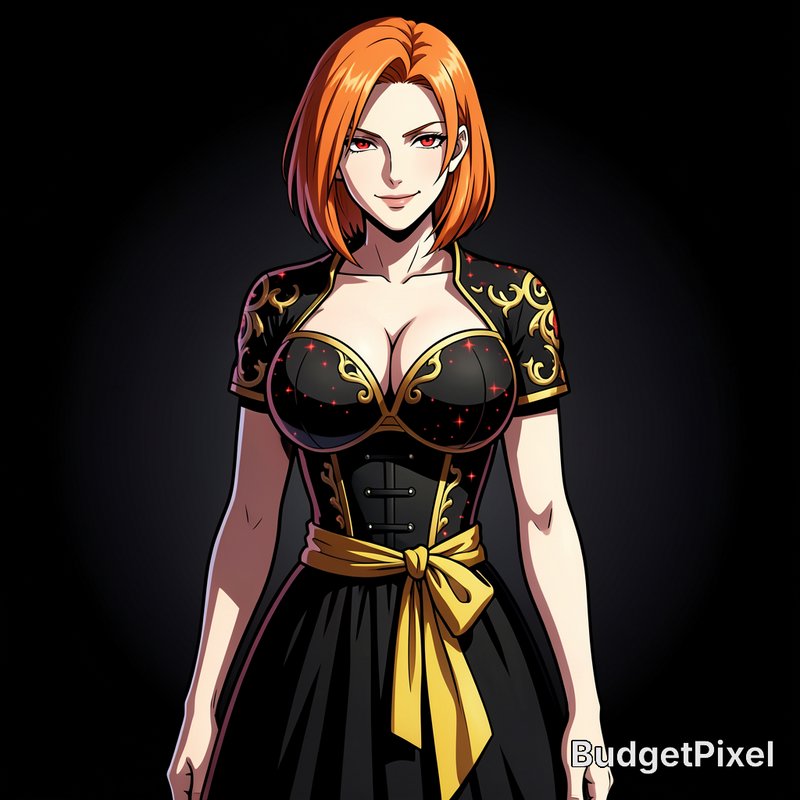 Anime female character with short orange hair, red eyes, and ornate black gold dress against a da...