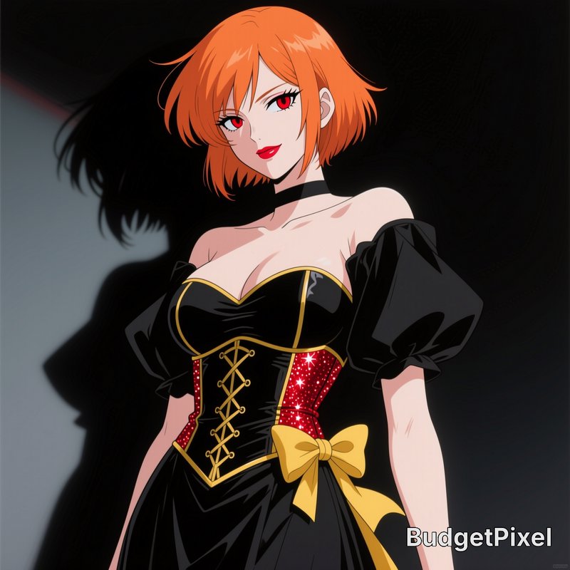 Retro anime woman with short orange hair, red eyes, wearing an ornate black corset gown against a...